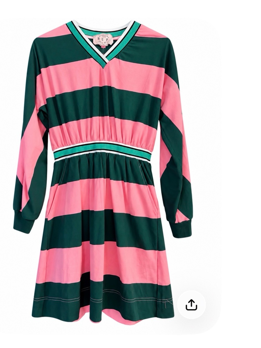 Buru Striped V-Neck Dress - Pink & Dark Green